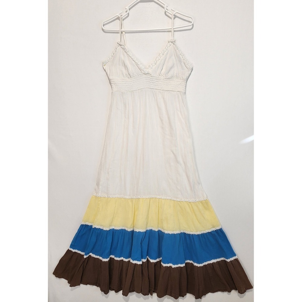 Krafty Women's Medium Boho Maxi Dress Colorblock Tiered Sundress‎ Cottagecore
